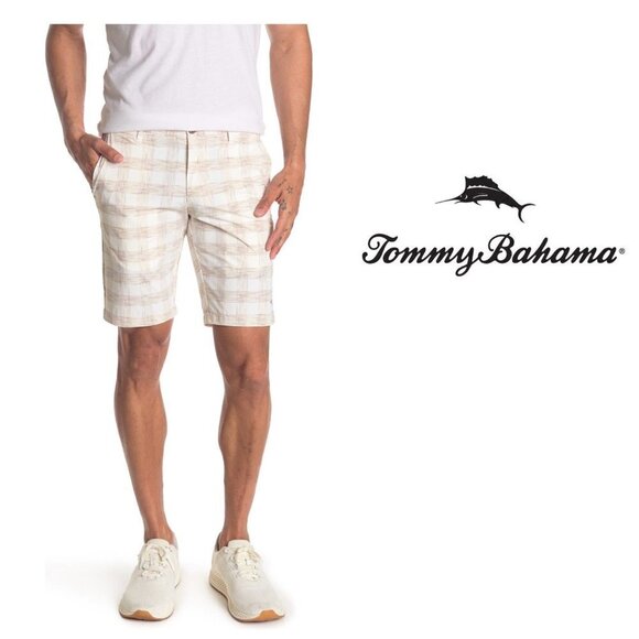 Tommy Bahama Mens Tan Checked Woven Pockets Bermuda Golf Shorts Sz 30 New - Picture 12 of 13
